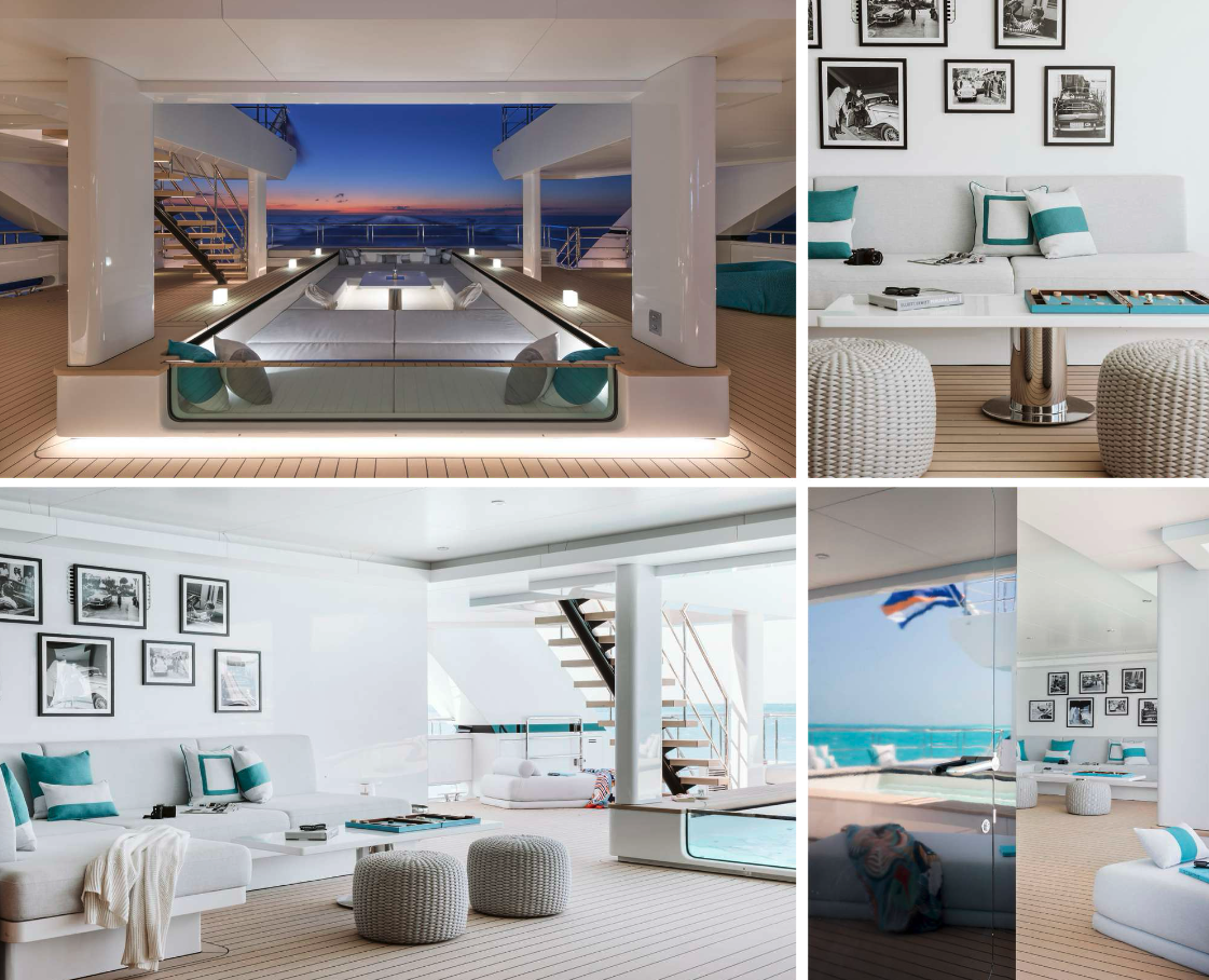 Glass-edge pool and bright salon interiors