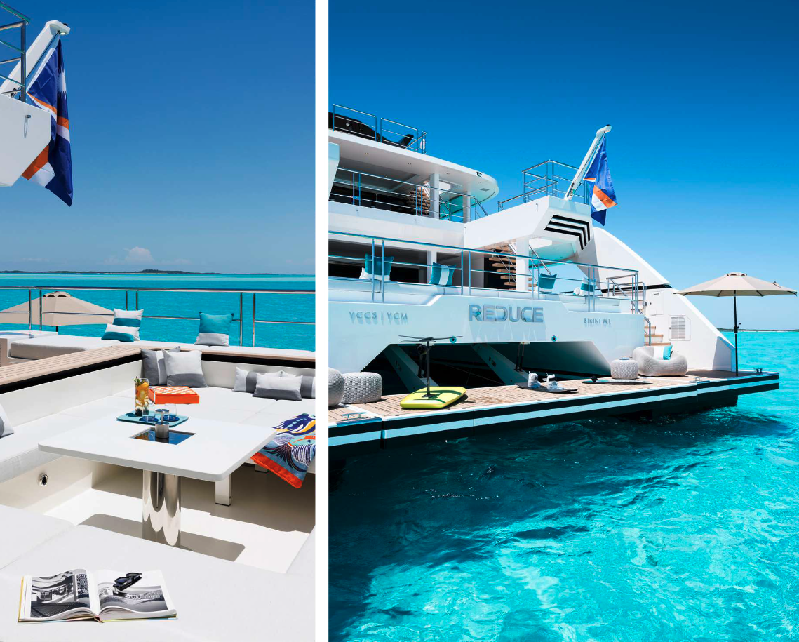 Sun deck lounge and aft exterior of the yacht